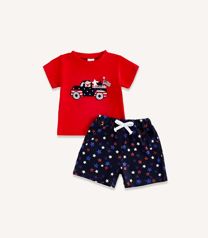 Baby boy summer outfit with embroidered truck shirt and star shorts
