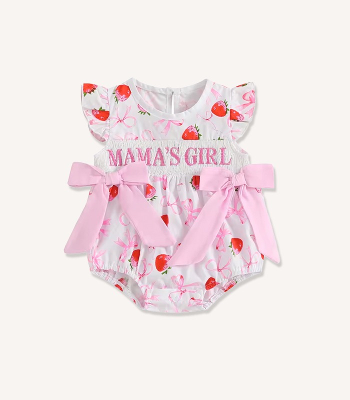Baby girl summer romper with bows and strawberry print