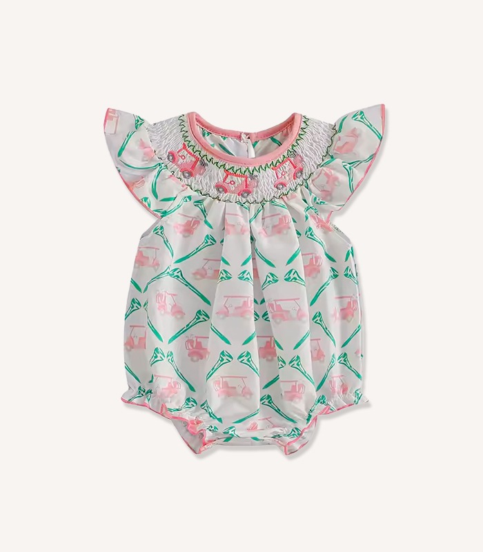 Adorable baby girl summer romper with golf cart embroidery