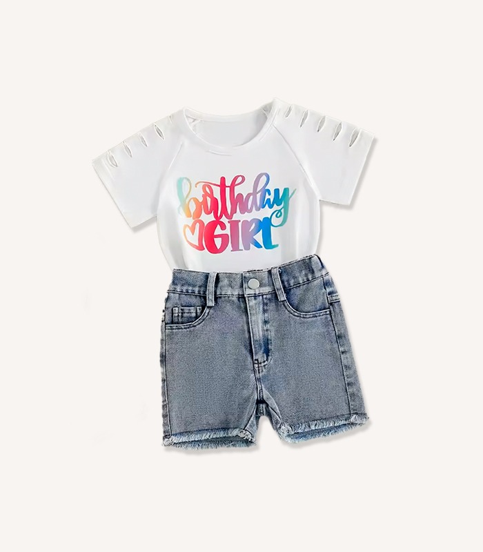 Toddler girl summer outfit with letter-print top and denim shorts